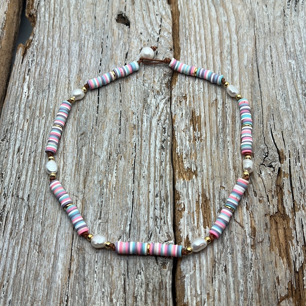 Seaside Pearls Pastel Heishi Beaded Freshwater Pearl Leather Choker Necklace New